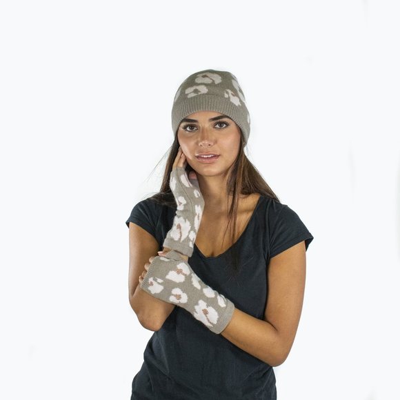 Portolano Cashmere Animal Print BEANIE HAT - MUSHROOM GREY, WHITE - Picture 3 of 4